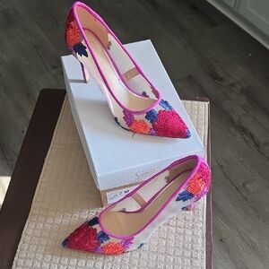 Jessica Simpson Pink,blue and Orange Embroidered Heels.